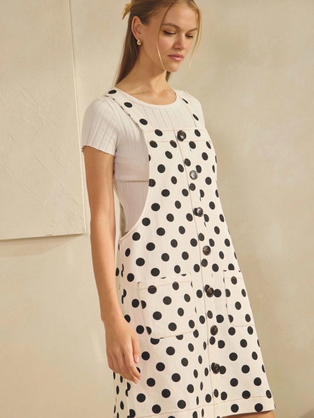 Sleeveless Polka Dot Button-Front Dress - White/Black